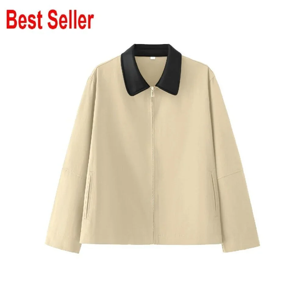 Zip Up Casual Lightweight Jacket Contrast Leather Collar Chic Streetwear